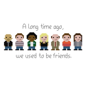 May include: A pixel art illustration of a group of cartoon characters with the text "A long time ago, we used to be friends."