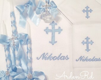 8 piece baptism set with matching blue satin and crystal details