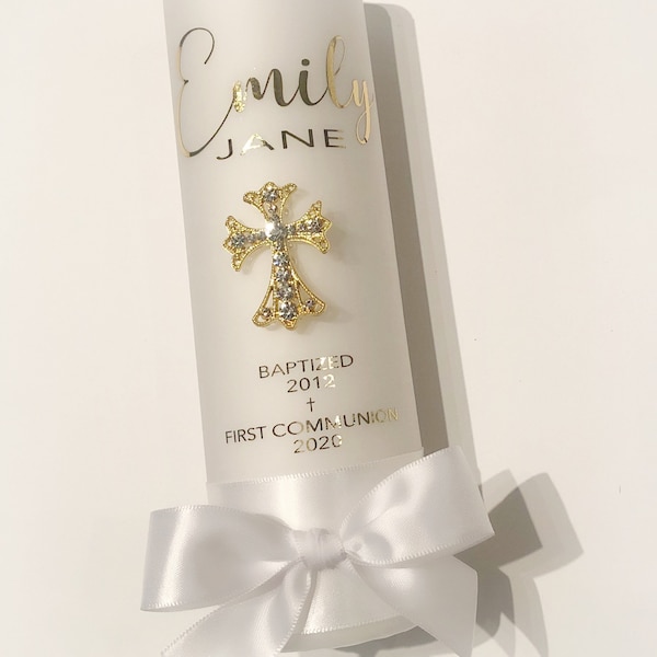 First Communion/Baptism Candle with Custom Metallic Writing and Crystal Cross. Any Color Ribbon Available!