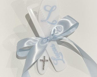 Custom children’s hairbrush and comb set with crystal cross. Can be made in many colors. (Blue and silver shown here)