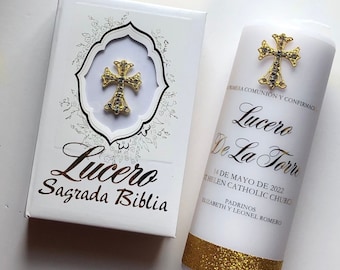 Custom Spanish Bible and Matching Candle Set