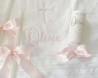 4 Piece personalized set with bath towel, (2) taper candles and pillar candle
