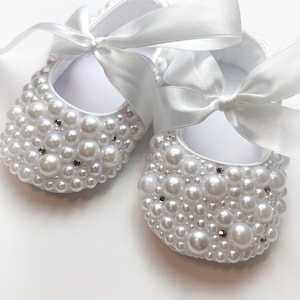 White Mixed Pearl and Sparkling Crystal Baby Shoes with Large Satin Bow.
