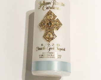 Personalized Metallic Foil Baptism Candle with Crystal Cross and Custom Ribbon Detail