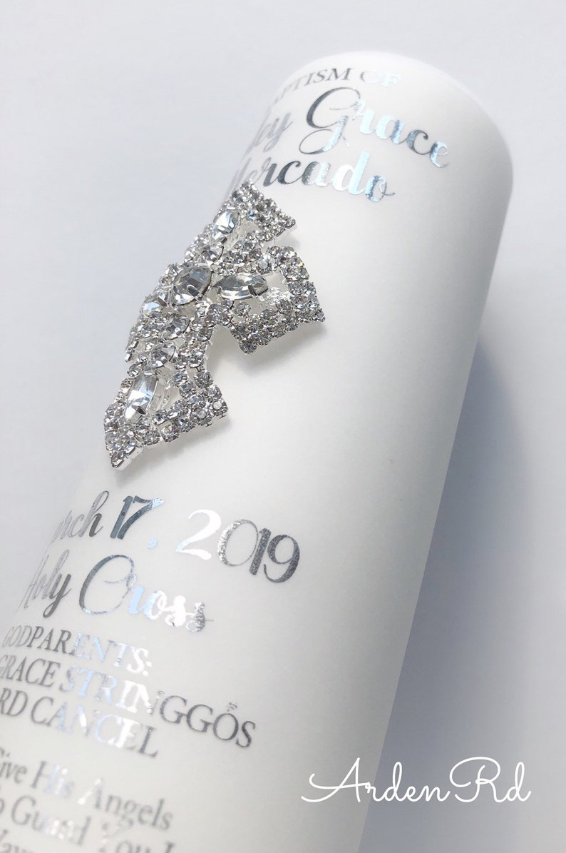 Personalized Metallic Foil Baptism Candle with Crystal Cross and Custom Ribbon Detail