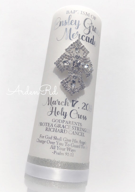 Personalized Metallic Foil Baptism Candle with Crystal Cross and Custom Ribbon Detail