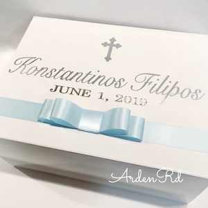 Personalized Extra Large Keepsake Box - Customize in Any Color Writing/Ribbon (Silver and Light Blue Shown Here)