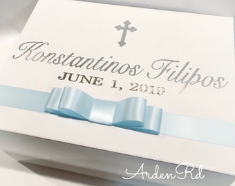 Personalized Extra Large Keepsake Box - Customize in Any Color Writing/Ribbon (Silver and Light Blue Shown Here)