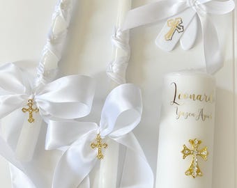 Set with (2) taper candles, personalized pillar candle, brush set