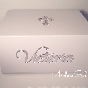 Personalized Keepsake Box. Large Box With Large Crystal Cross And Mirror Acrylic Name