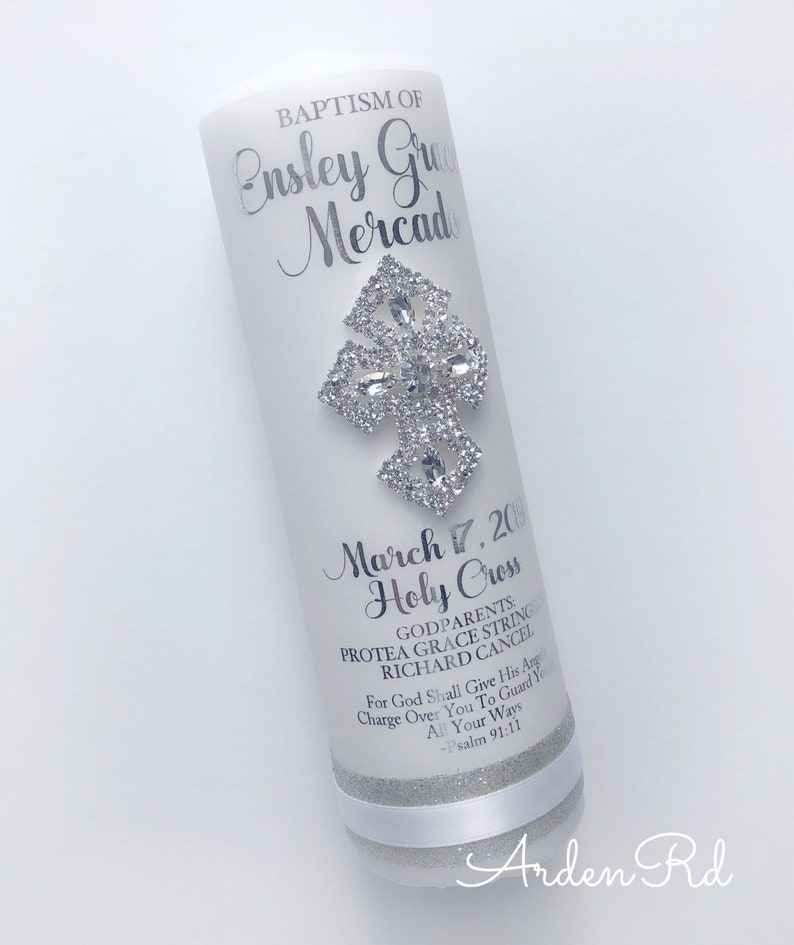 Personalized Metallic Foil Baptism Candle with Crystal Cross and Custom Ribbon Detail