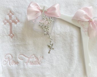 Bath/Hand Towel Set with Lace Detail. Available in Any Color. Comes with hanger and rosary