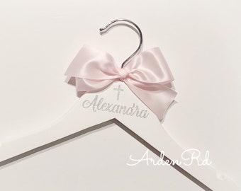 Custom Child Size Hanger with Name And Cross. Any Color Ribbon/Writing!