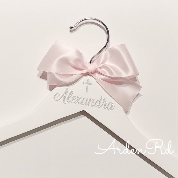Custom Child Size Hanger with Name And Cross. Any Color Ribbon/Writing!