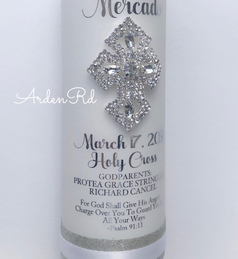 Personalized Metallic Foil Baptism Candle with Crystal Cross and Custom Ribbon Detail