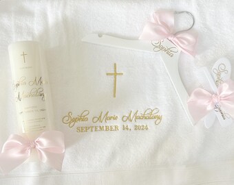 Personalized baptism set: keepsake box, bath towel, pillar candle, brush set, hanger