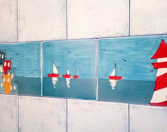 Mosaico cerámico compuesto por tres baldosas cerámicas pintadas a mano