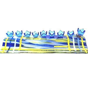 Blue and Yellow Fused Glass Hanukkah Menorah - Handmade in Israel