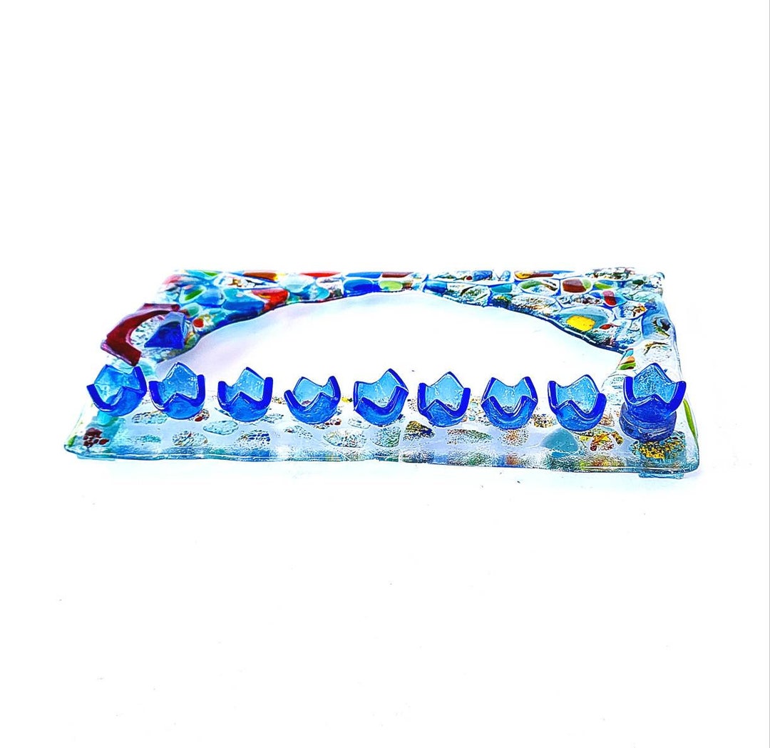 Modern Hanukkah Glass Menorah Bat Mitzvah Gift Hand Made in Israel
