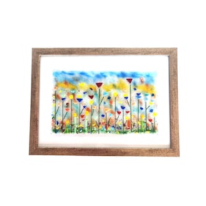 Fused glass flowers framed wall art,  Fused glass flowers, Entryway wall decoration, Colorful fused glass wildflowers meadow