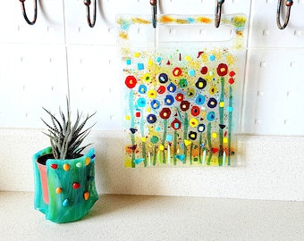 Fused glass floral wall art, Flowers Suncatcher, Wall decor gift,  Handmade gift for her, Outdoor wall decor, farmhouse decor,