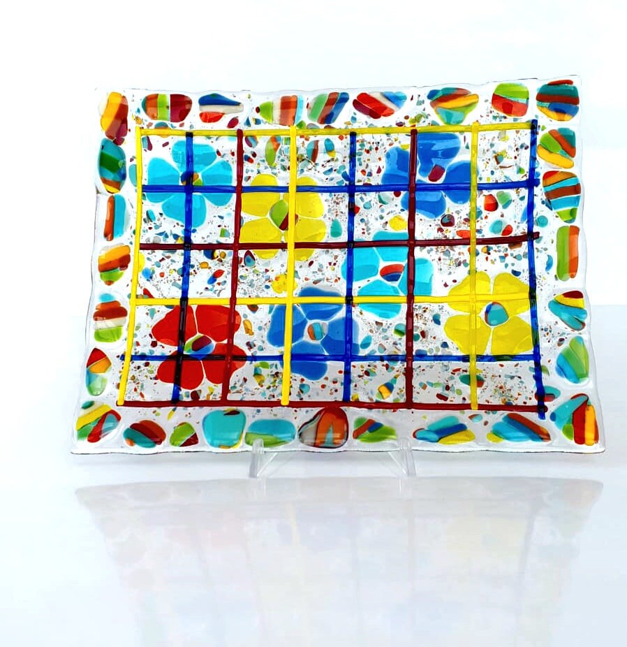 Serving Platter, Floral Glass Tray , Coffee Table Decor, Fused Glass