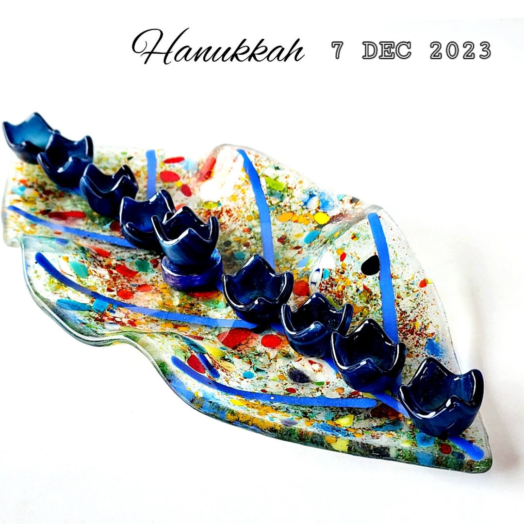 Hanukkah Glass Menorah Made in Israel, Stunning Handcrafted Fused Glass