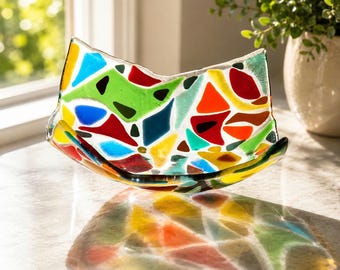Colorful Fused Glass Bowl, Handmade Art Glass Centerpiece, Modern Glass Sculpture, Unique Home Decor, One-of-a-Kind Wedding Gift