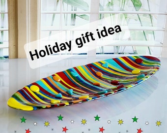 Glass centerpiece for dining table , Modern art glass platter , Colorful Centerpiece , Wedding glass art gift , Christmas Gift Ideas