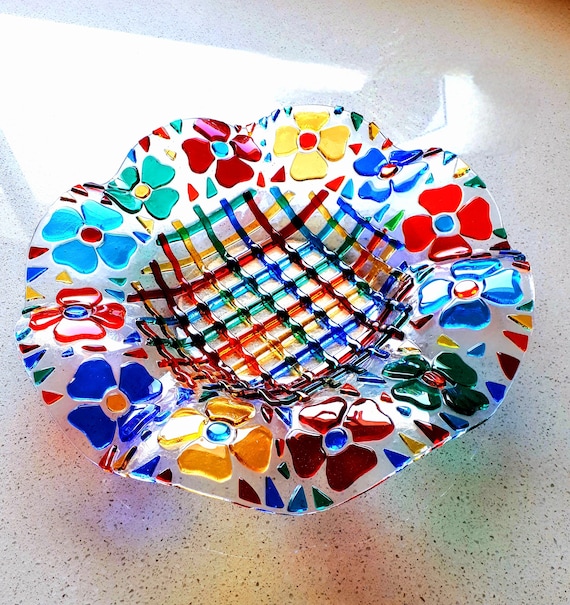 Floral Fused Glass Bowl: Handmade Colorful Art Dish, Israeli Design