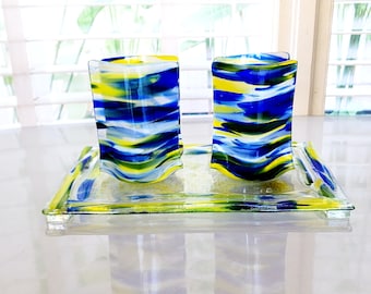Shabbat set of candlestick and tray, made in Israel, Jewish wedding gift, Jewish woman Gift, Shabbat glass candle holder,Bat Mizvah gift