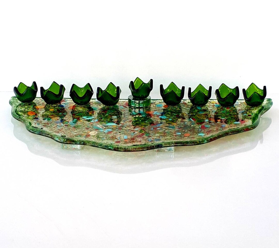 Hanukkah Glass Menorah , Made in Israel , Fused Glass Menorah , Jewish