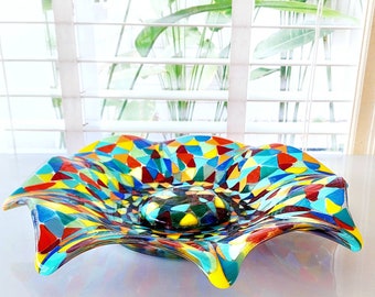 Dining table centerpiece modern , Handmade gift for the home, Handmade home table decor, Rainbow fused glass decorative art bowl,
