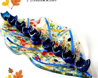 Hanukkah glass Menorah made in Israel,  Stunning Handcrafted Fused Glass Menorah with Artistic Leaf Design for Hanukkah, Bat mitzvah gift,