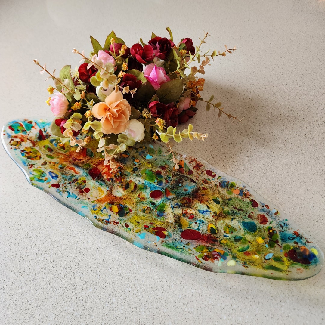 Large Glass Serving Platter, Oval Glass Platter , Wedding Glass Art