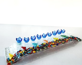 Hanukkah glass Menorah, Jewish gift, made in Israel, Colorful Hanukkah Menorah, Bat mitzvah gift, Modern  Menorah, Jewish wedding gift