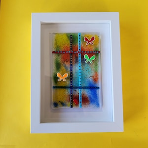 Fused glass abstract wall art, Modern fused glass wall art with butterflies,Framed  fused glass wall art, Housewarming gift idea,