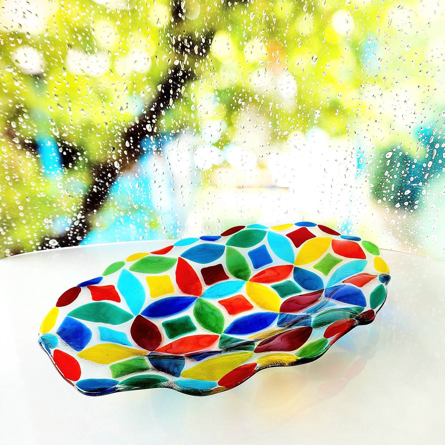 Rainbow Glass Bowl, Glass Centerpiece for Dining Table , Anniversary