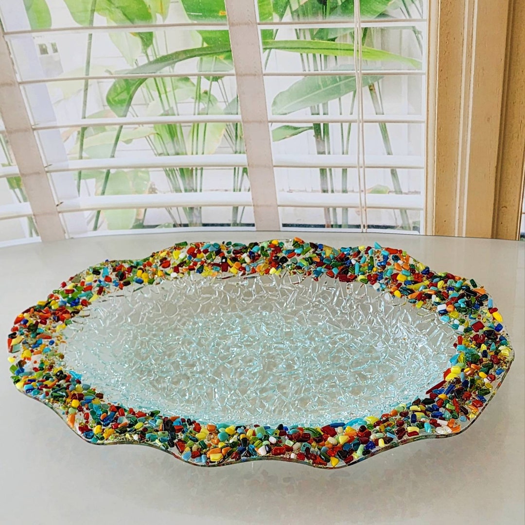 Fused Glass Oval Wavy Bowl Fused Glass Art Decorative Glass Bowl Coffee