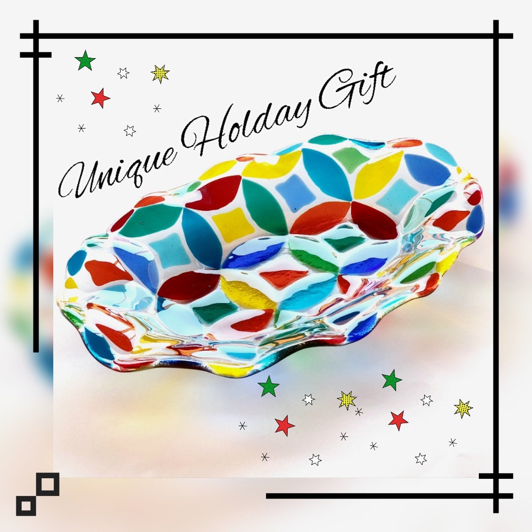 Rainbow Glass Bowl, Glass Centerpiece for Dining Table , Anniversary