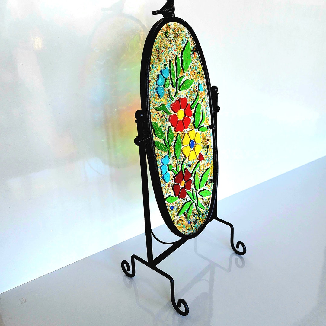 Glass Art Decor on Stand, Glass Table Top Art, Floral Glass Art Home