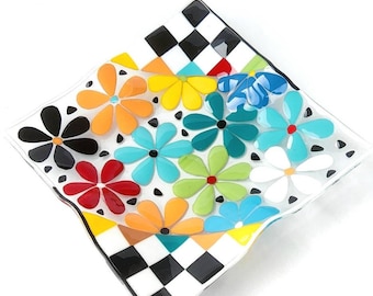 Vibrant Floral Glass Platter, Unique Home Decor Gift, Coffee table tray, Fused glass plate, Fused glass art bowl, Handmade gift for the home