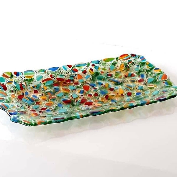 Fused glass serving platter | Decorative glass tray | colorful glass Centerpiece | Modern art glass platter | Decorative glass serving tray