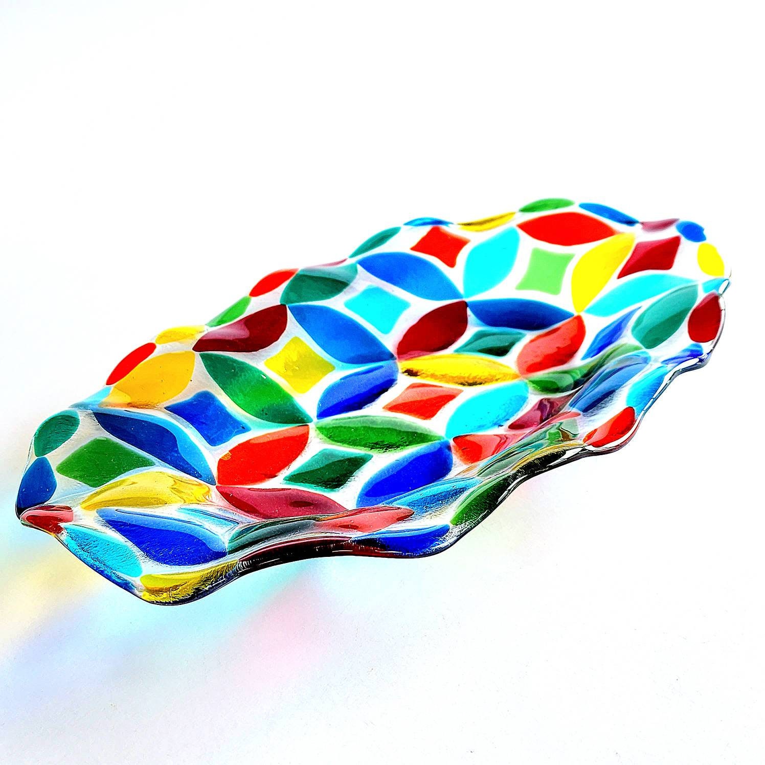 Rainbow Glass Bowl, Glass Centerpiece for Dining Table , Anniversary Glass Art Gift, Fused Glass