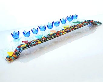 Hanukkah glass menorah, Bat Mitzvha gift,Jewish gift, made in Israel, Colorful Hanukkah menorah, Modern Menorah, Jewish wedding gift