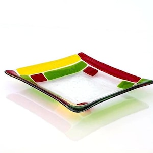Colorful Fused Glass Small Serving Square Plate, Handcrafted Kitchen Decor, Modern Fused Glass Appetizer Plate,  Handcrafted Kitchen Decor"