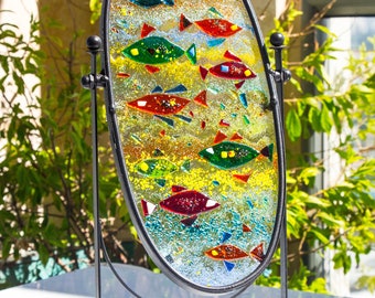 Fused glass top table art , Fused glass art on stand , Unique fused glass art  , Handmade home decor , Fused glass wall art fish |