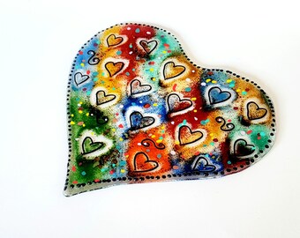 Wall hanging glass heart, Birthday Gift for her, Wall art, Colorful Fused Glass Heart, Hand-crafted Fused Glass Heart,