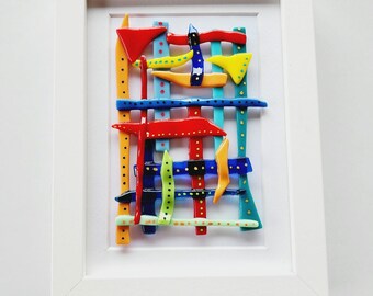 Fused glass wall art, Abstract Framed modern glass art,15x20cm,  Contemporary Entryway wall art, Home  Decor