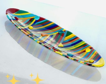 Modern art glass bowl, Glass art centerpiece platter for dining table, Wedding  gift ,Fused glass rainbow oval platter, Hostess gift ideas